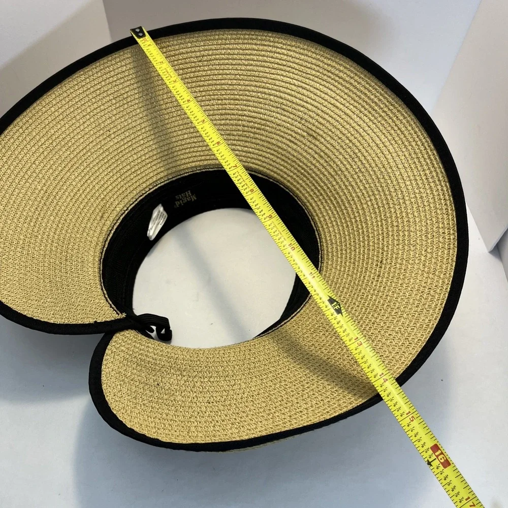 Magid Straw Visor Hat Black Trim Wide Brim Roll-Up Sun Hat w/ Bow‎ 100% Paper